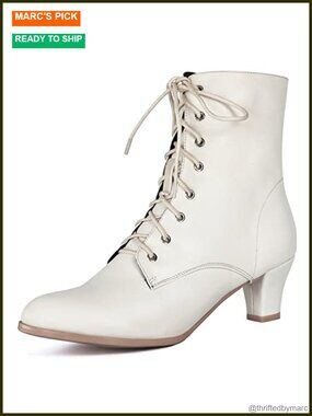 Vintage Victorian Ankle Boots Lace Up Mid Heel Almond Toe Zip Closure